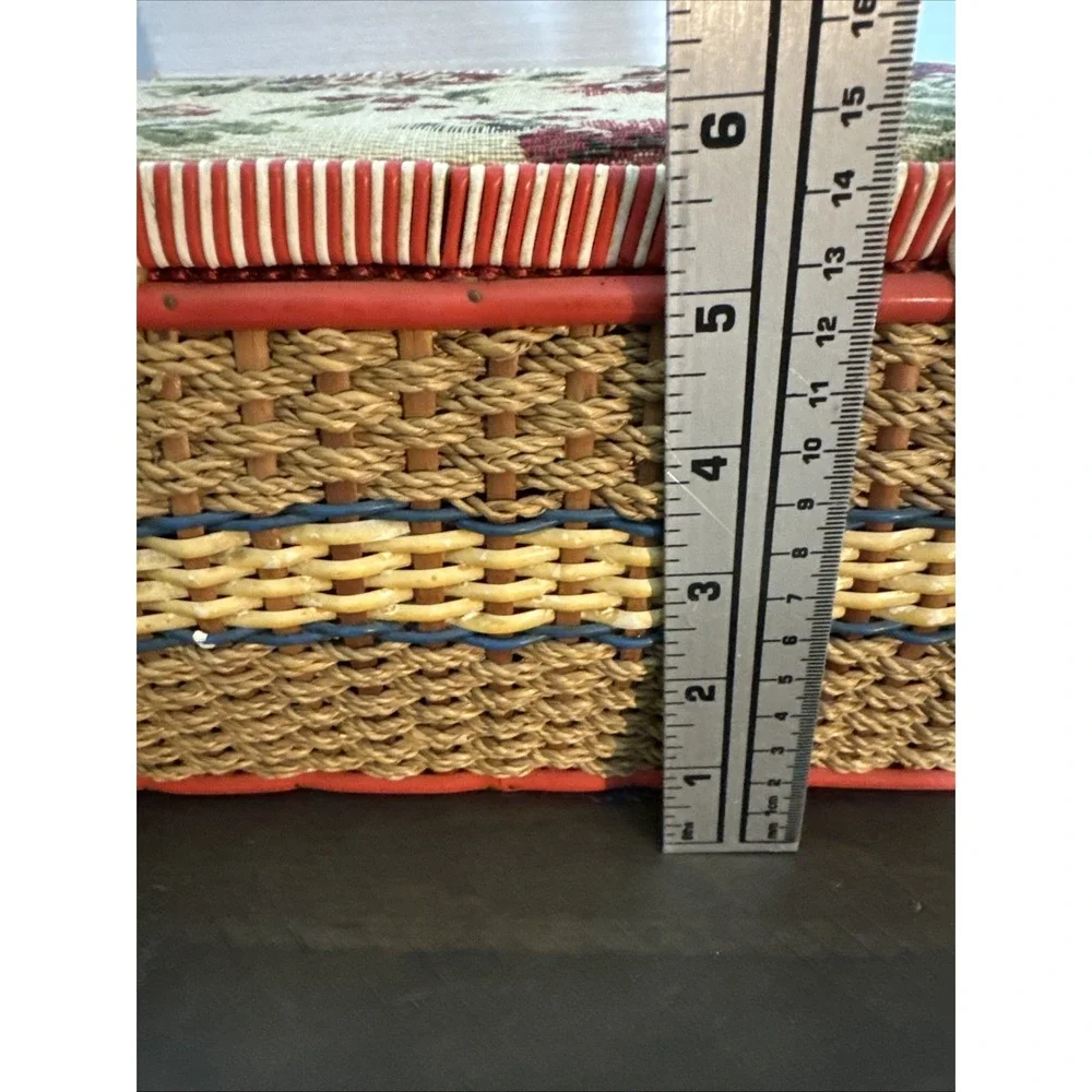 Vintage Woven Floral Sewing Basket Tray Tapestry 11